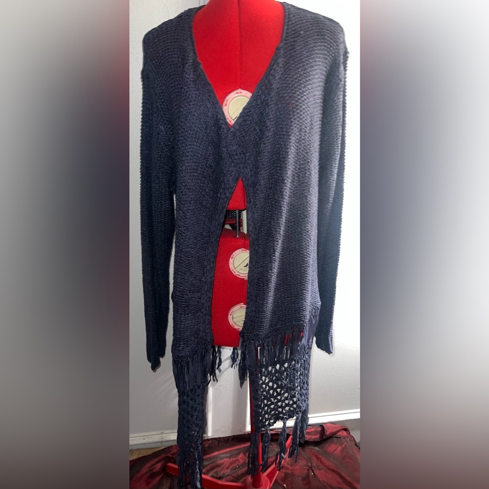 New Boho Jade by June Navy Blue Women's Cardigan with Fringe size L/XL